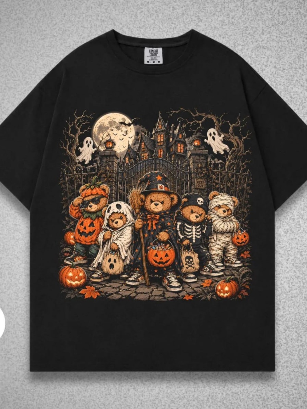 Comfort Colors Black Halloween Bear Graphic Tee - Orange & Cream Print